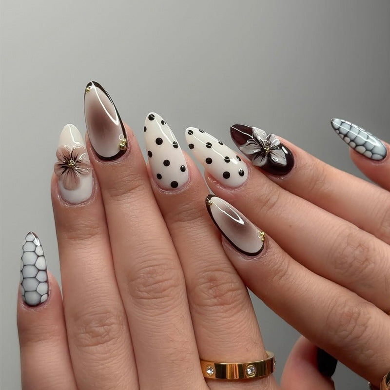Artistic Stiletto Press-On Nail Set with Polka Dot and Floral Designs Stornfield