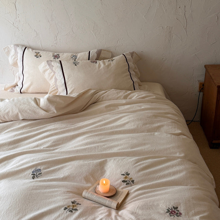 Botanical Embroidered Lightweight Stonewashed Cotton-Linen Duvet Cover Set