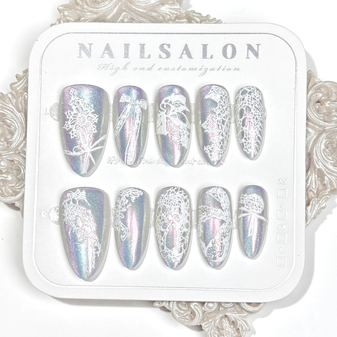 Press-On Nail Art Collection with Holographic Lace Design