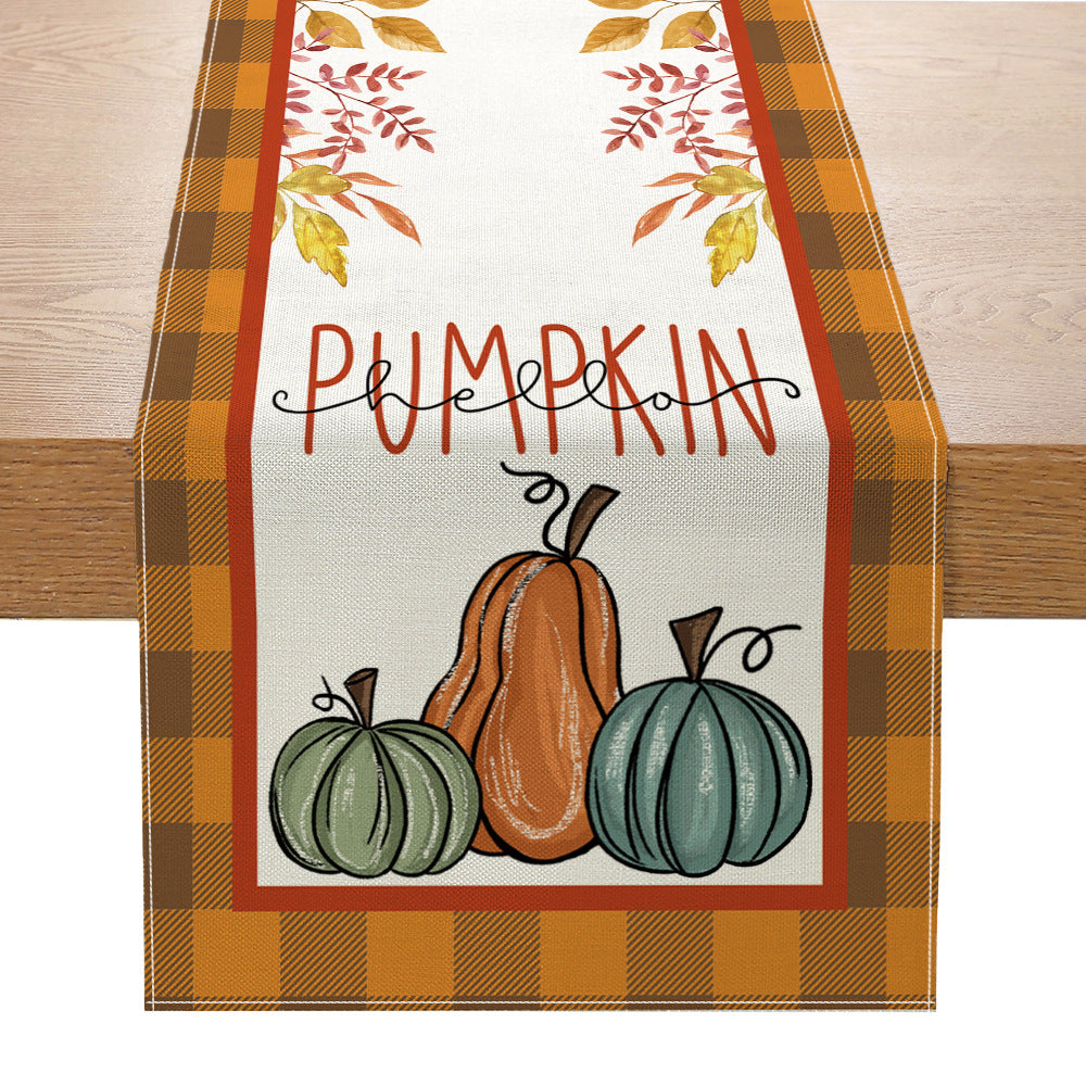 Autumn Cotton-Linen Decorative Table Runner with Pumpkin & Gingham Border
