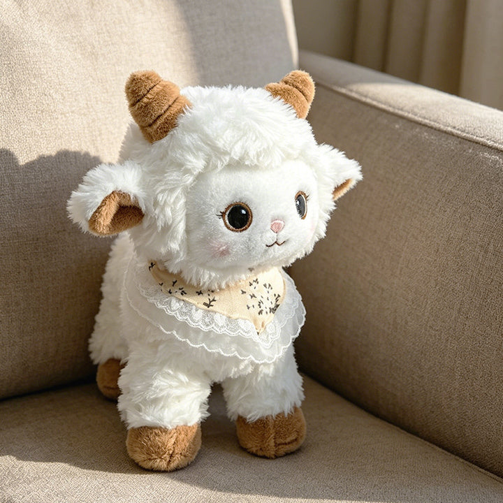 Curled-Horn Ram Plush Collectible with Embroidered Face, Bow Collar & Soft Faux Fur Stornfield