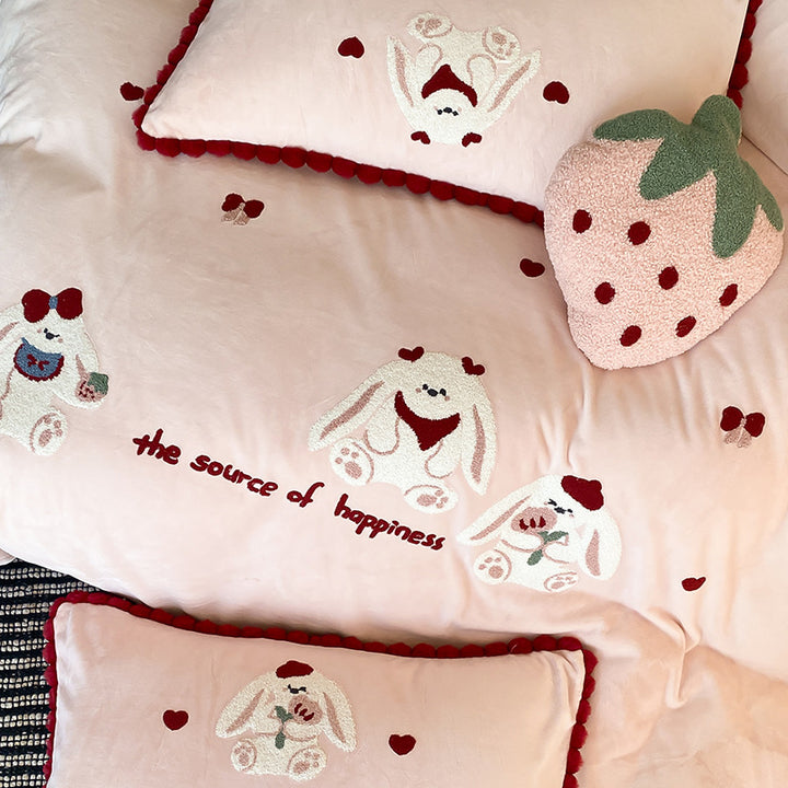Plush Embroidered Bunny Duvet Cover Set with Pom-Pom Scalloped Trim