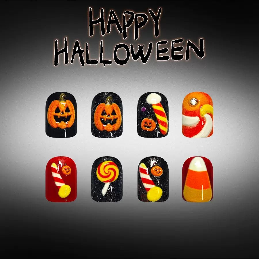 Halloween Fake Nail Set with playful pumpkin and candy motifs Stornfield