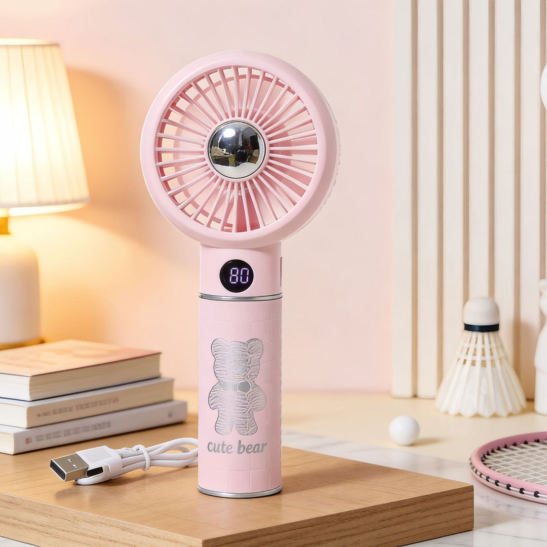 Ladies Portable Mini Hand Fan with Digital Temperature Display and Cute Bear Design Stornfield