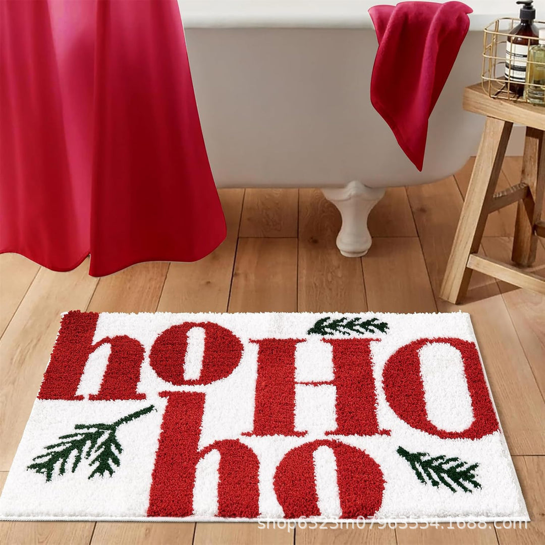 Holiday Tufted Chenille Bath Mat with Anti-Slip Back and 'HO HO HO' Santa Motif