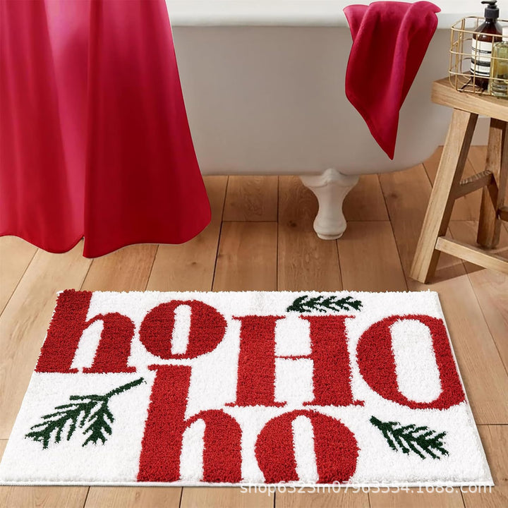 Holiday Tufted Chenille Bath Mat with Anti-Slip Back and 'HO HO HO' Santa Motif