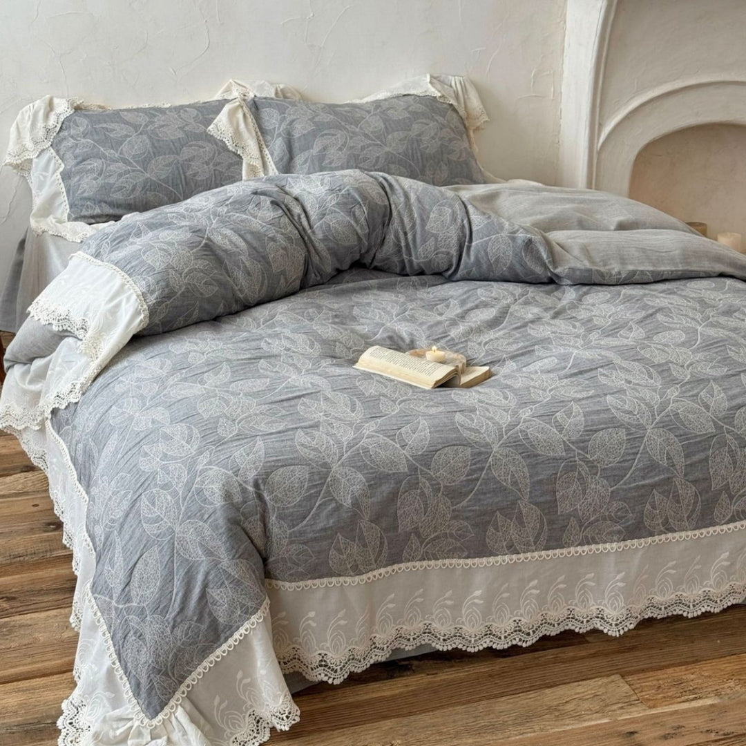 Lace-Trim Reversible Leaf Jacquard Duvet Cover Set
