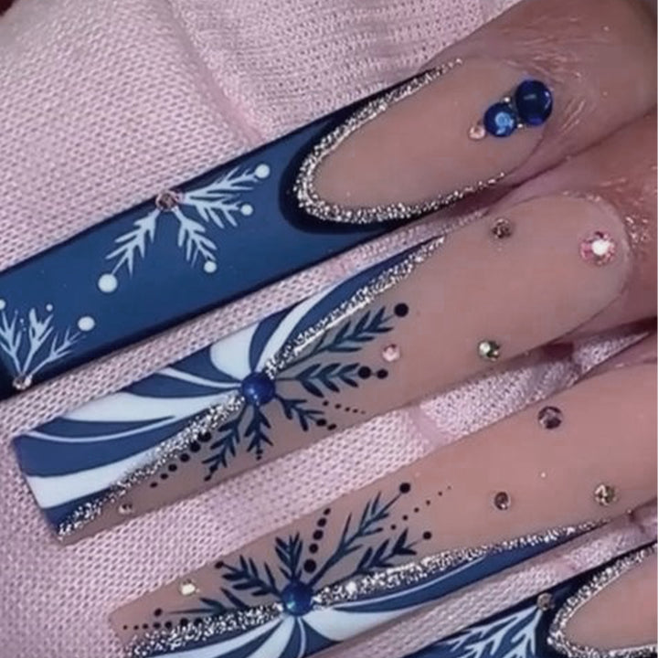 Elegant Stiletto Press-On Nails with Snowflake and Gem Accents Stornfield