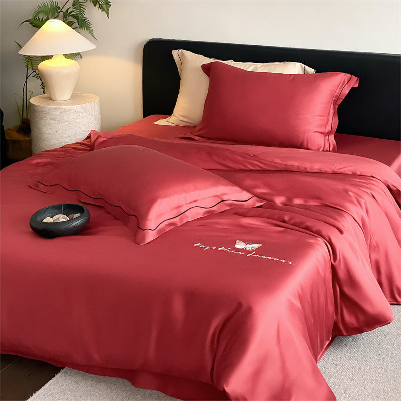 Elegant Satin Bedding Set with Fine Piping and Embroidered Butterfly