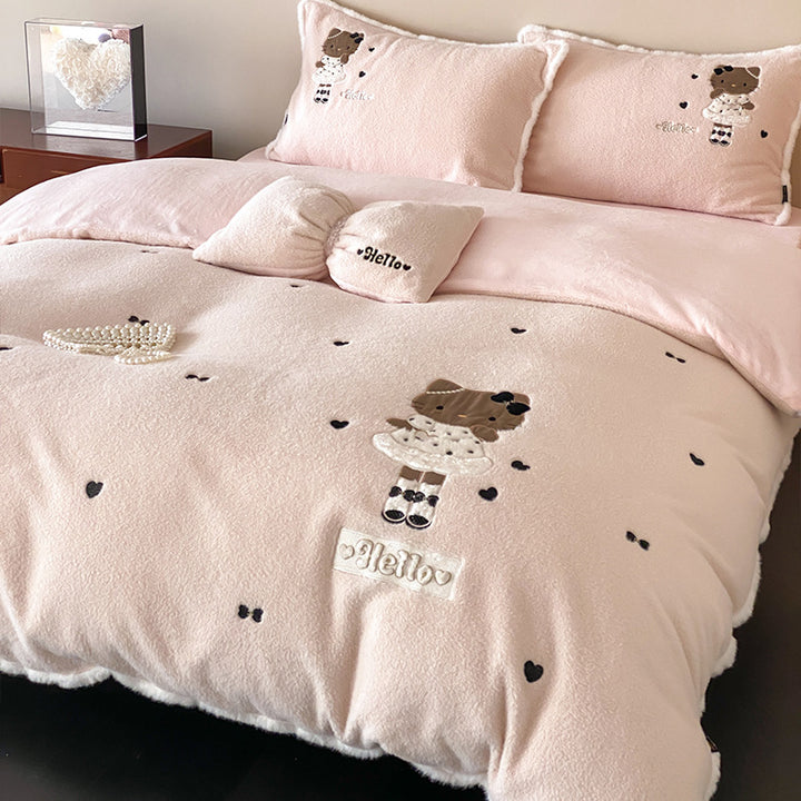 cozy plush bedding set with bear embroidery