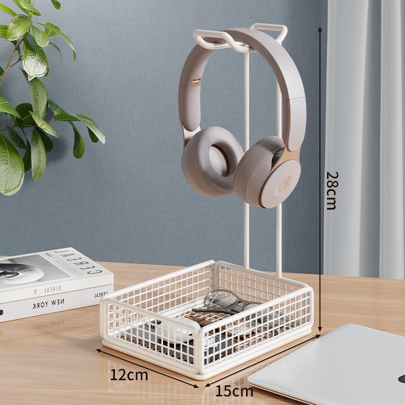 Overhead Headphone Stand with Integrated Wire Mesh Storage Tray and Vertical Metal Support