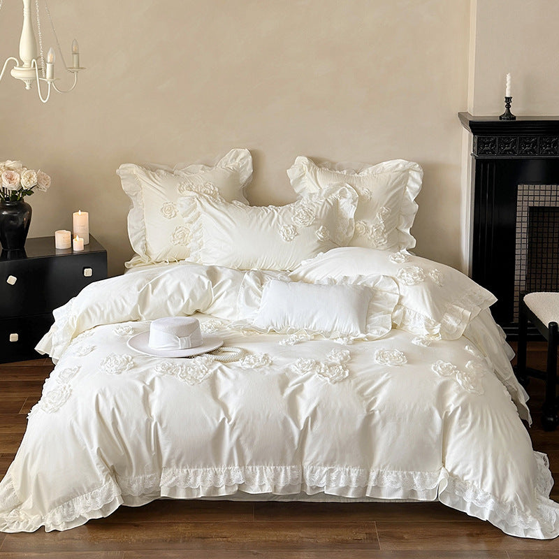 Romantic Ruffled Rose-Applique Cotton Sateen Duvet Cover Set with Lace-Trim Pillow Shams