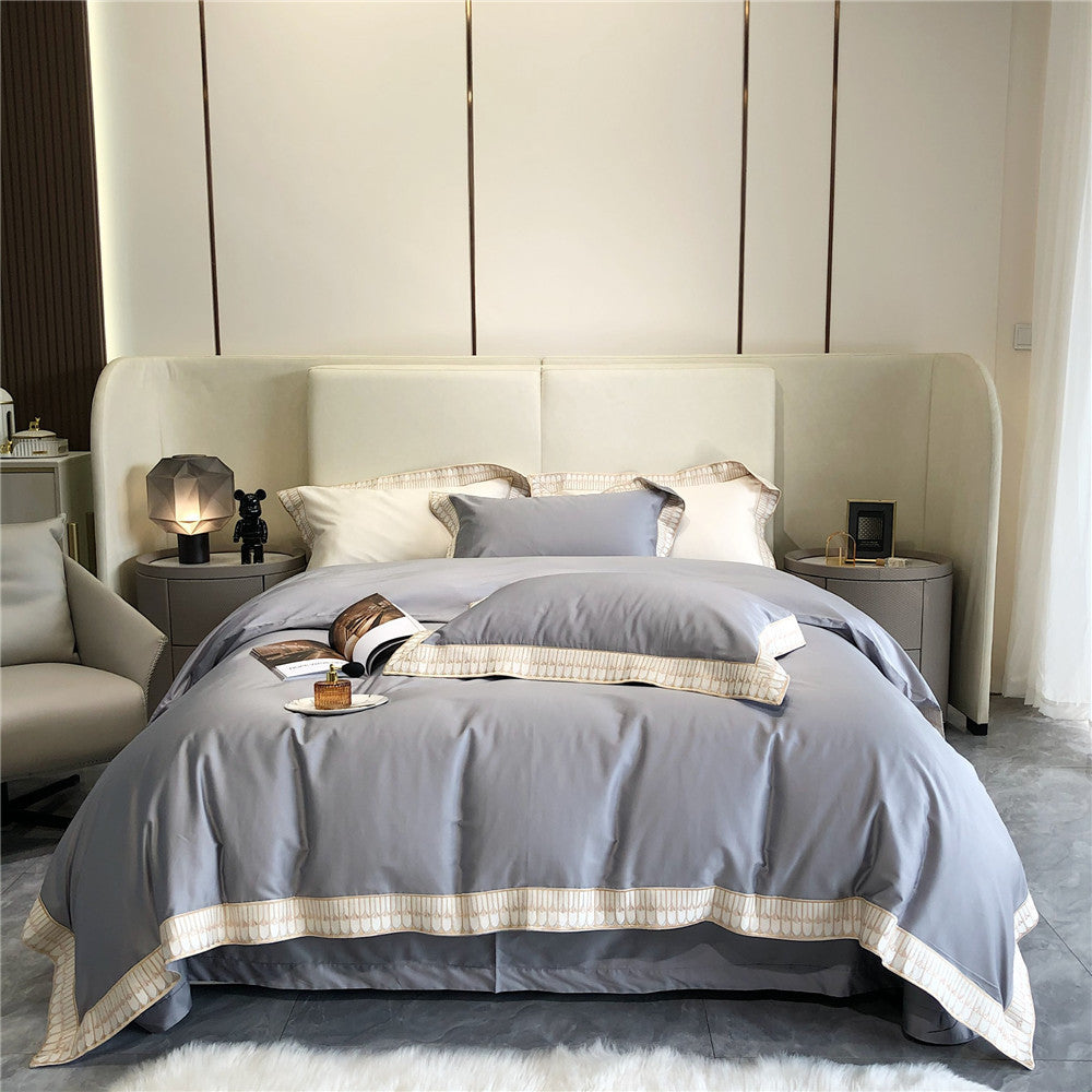 Luxury Cotton Sateen Duvet Cover Bedding Set with Pleated Trim and Matching Pillow Shams