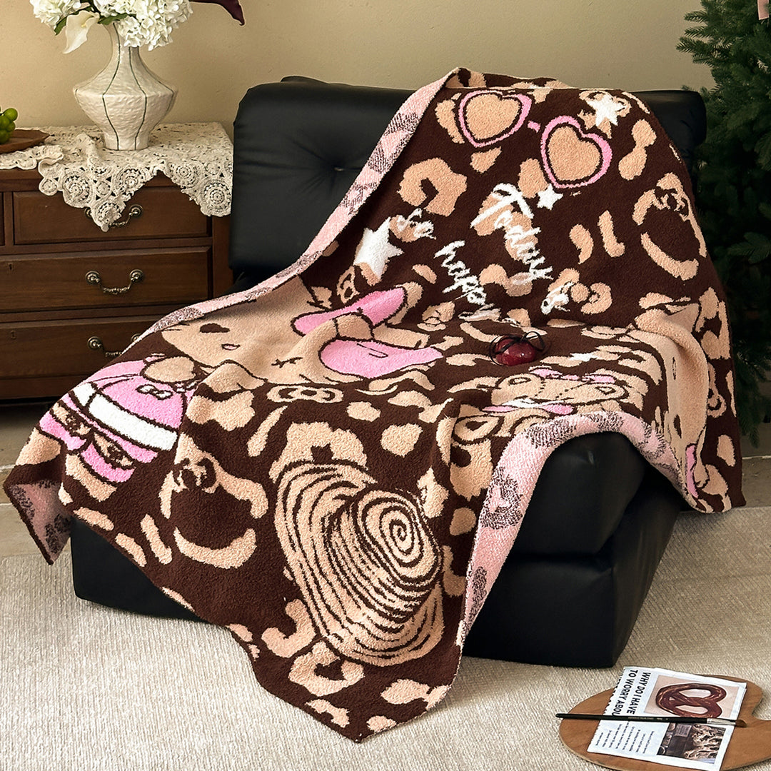Plush Jacquard Throw Blanket with Playful Cat and Chair Motif