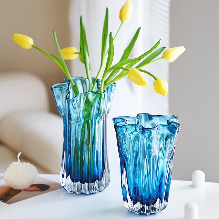 Handblown Ribbed Petal-Rim Decorative Glass Centerpiece Vase Stornfield