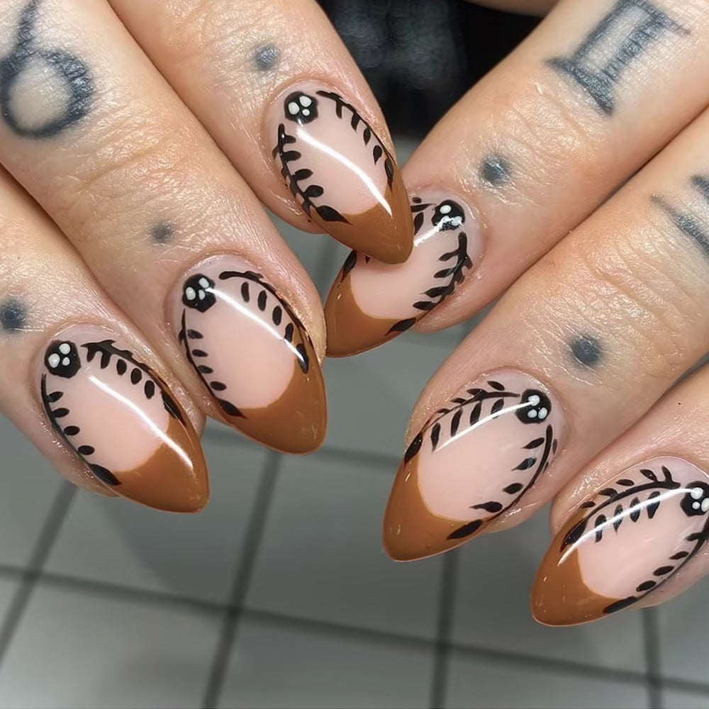 Artistic Press-On Nail Set with Floral and Leaf Patterns Stornfield