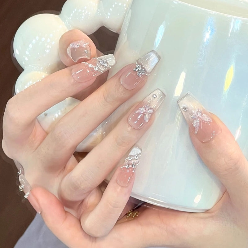 Elegant Press-On Nail Set with Butterfly and Gemstone Accents Stornfield
