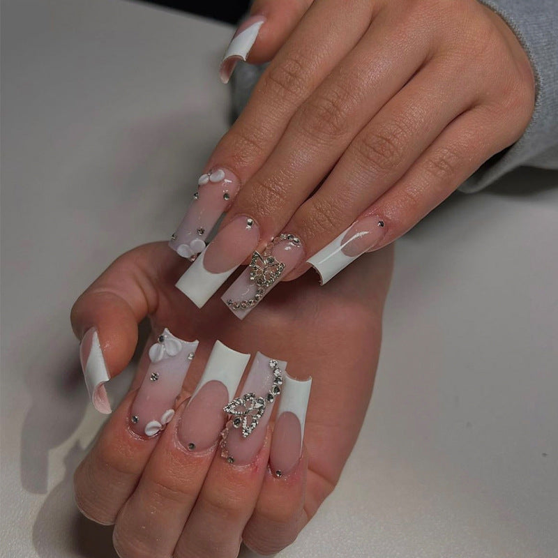 Decorative Long Press-On Nails with Rhinestone and Floral Accents Stornfield