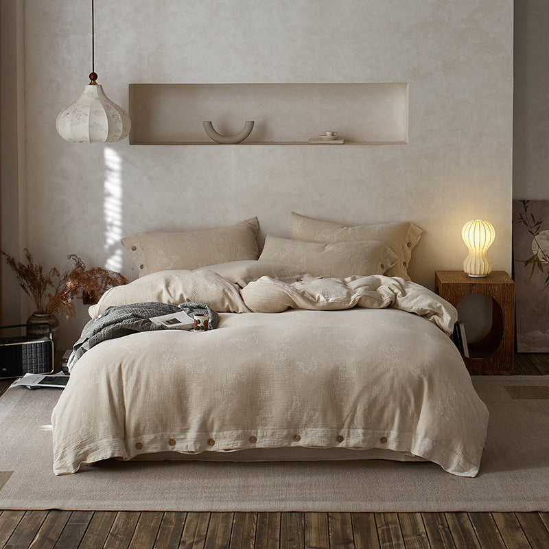 Jacquard bedding set made of linen-cotton blend with button placket and embossed floral relief
