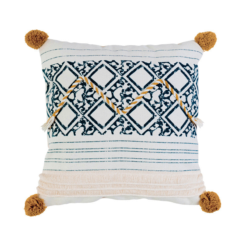 Square decorative pillow cover in Boho block print with braided tassels