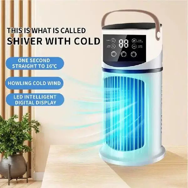 Unisex one size rechargeable tower climate fan with touch LED control integrated humidifying reservoir and leather carrying handle Stornfield