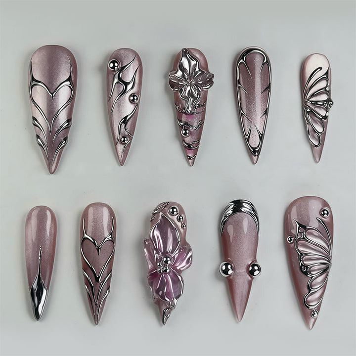 Artistic Press-On Nail Set with Intricate Floral Designs Stornfield