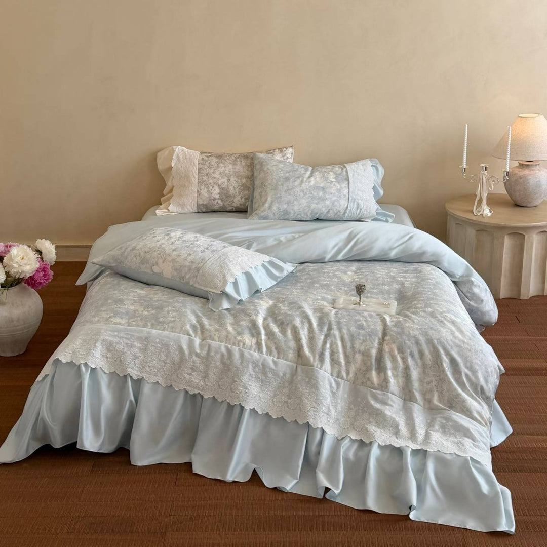 Romantic Ruffled Satin-Blend Duvet Cover Set with Lace Trim & Decorative Bed Skirt