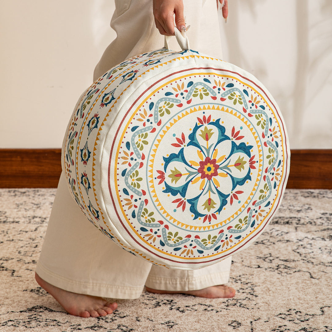 Seat pouf floor cushion with mandala design and carrying handle