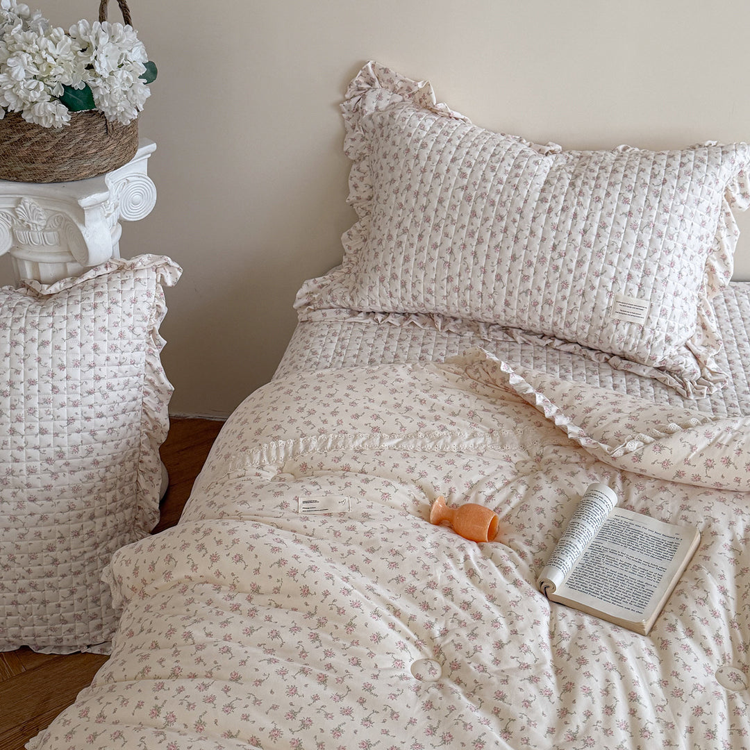 Quilted Floral Cotton Ruffle Duvet and Sham Set