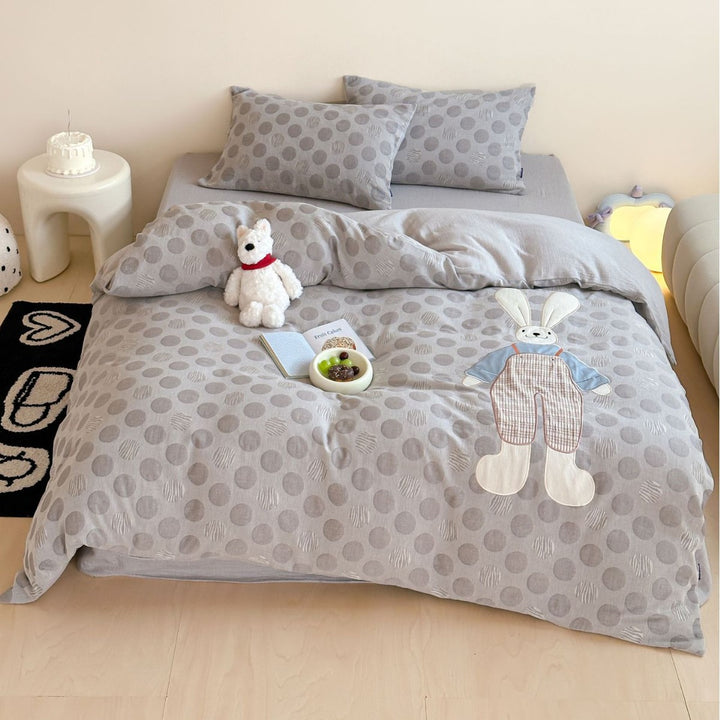Cotton Reversible Polka Dot Duvet Cover Set with Bunny Appliqué