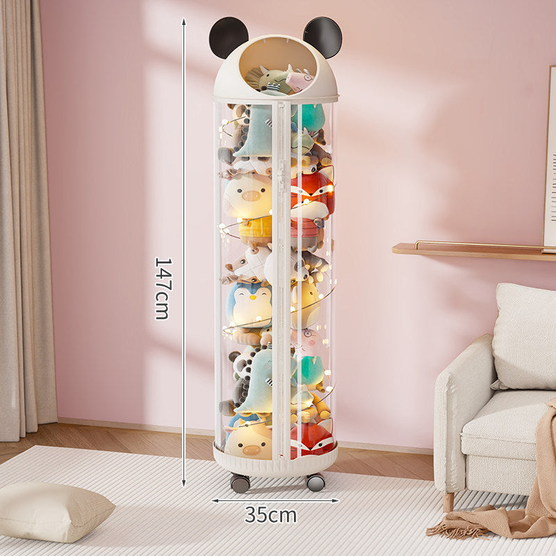 Vertical Clear Cylinder Plush Toy Storage Tower with Divided Shelves and Caster Base
