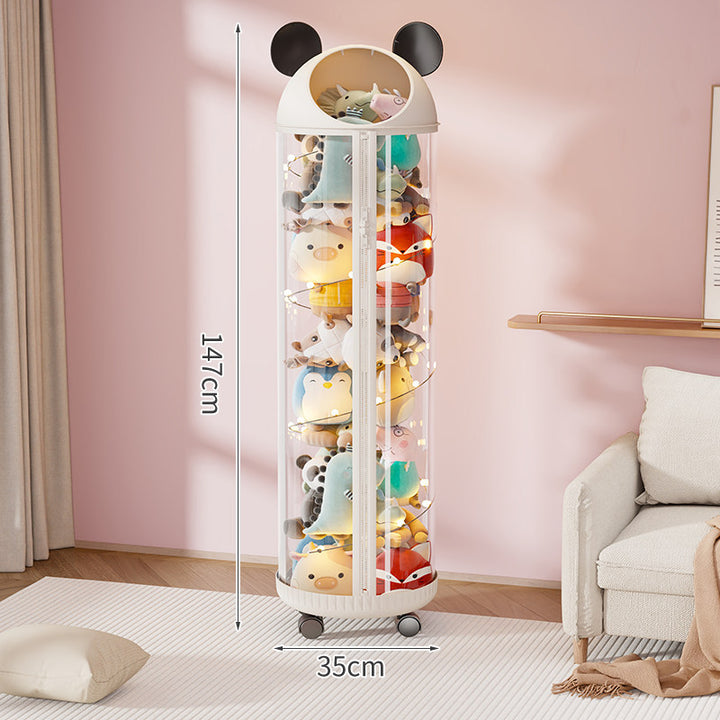 Vertical Clear Cylinder Plush Toy Storage Tower with Divided Shelves and Caster Base