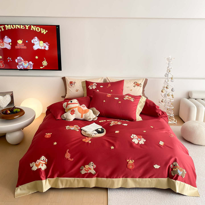 Embroidered Cotton Sateen Duvet Cover Set with Appliqué Horse Motifs and Reversible Border