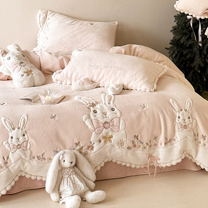 Plush Quilted Bunny Appliqué Duvet Cover Set with Pom-Pom Trim
