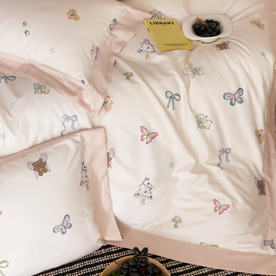 Playful Pastel Printed Cotton Sateen Duvet Cover Set with Satin Border and Pillow Shams