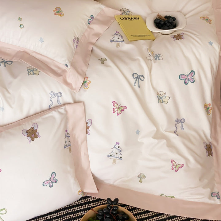 Playful Pastel Printed Cotton Sateen Duvet Cover Set with Satin Border and Pillow Shams