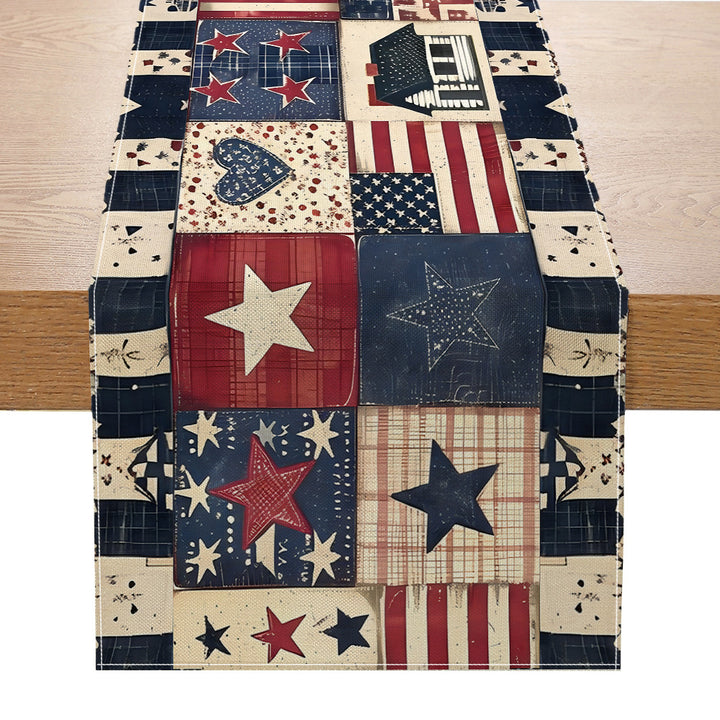 Distressed American Flag Cotton-Linen Table Runner with Patriotic Stars and Stripes Print