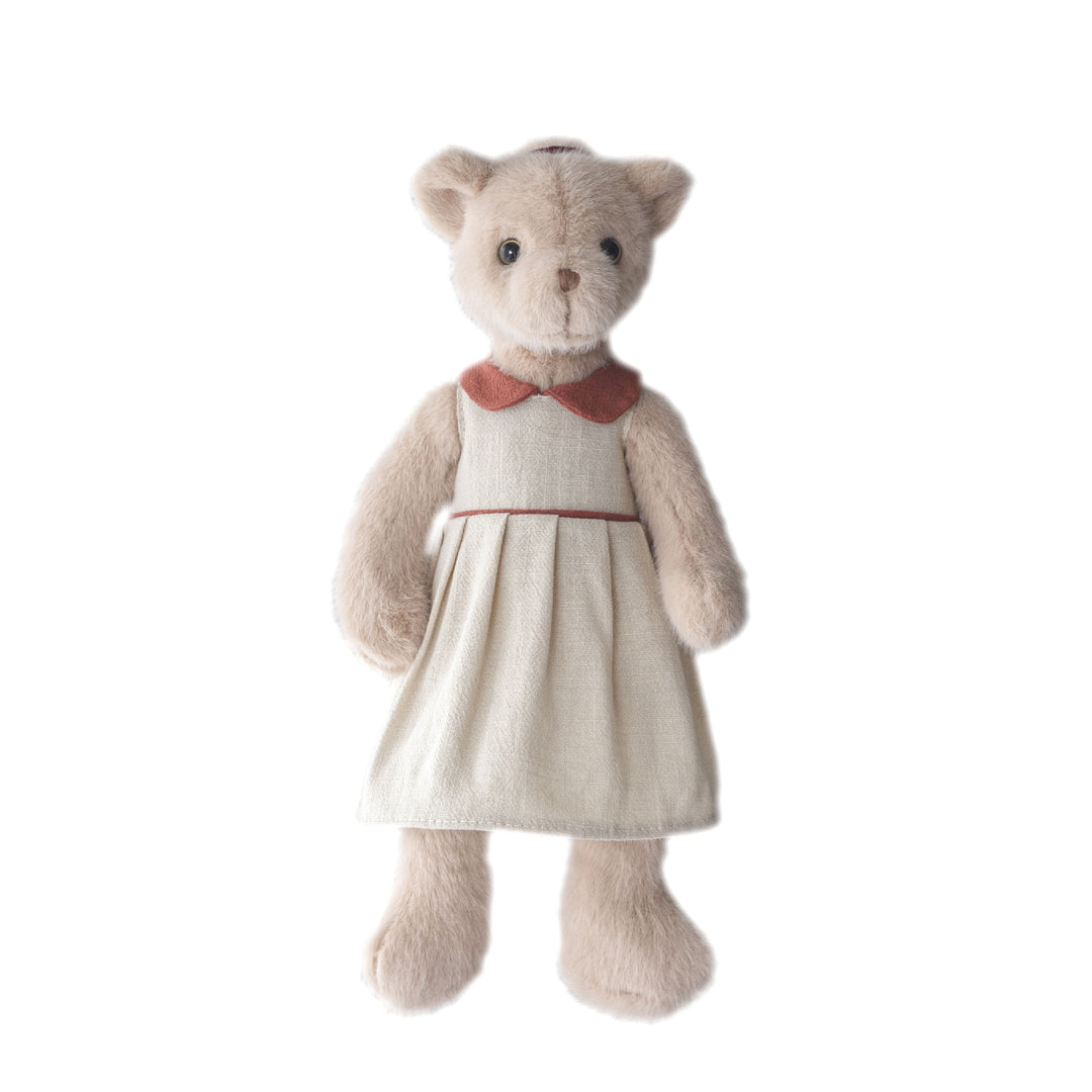 Handcrafted Plush Teddy Bear with Linen Dress and Embroidered Features