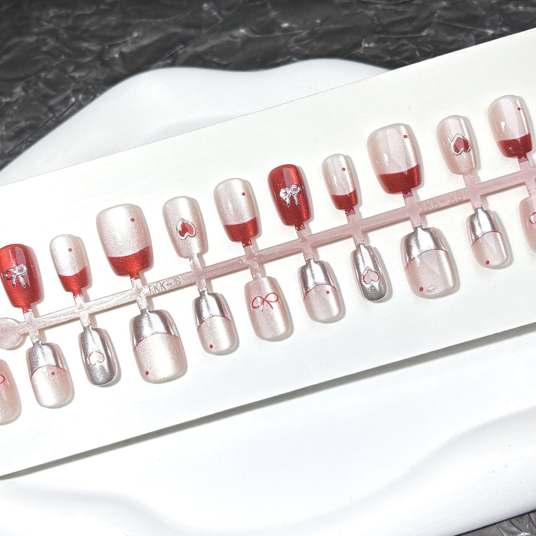 Elegant Heart and Bow Press-On Nail Set