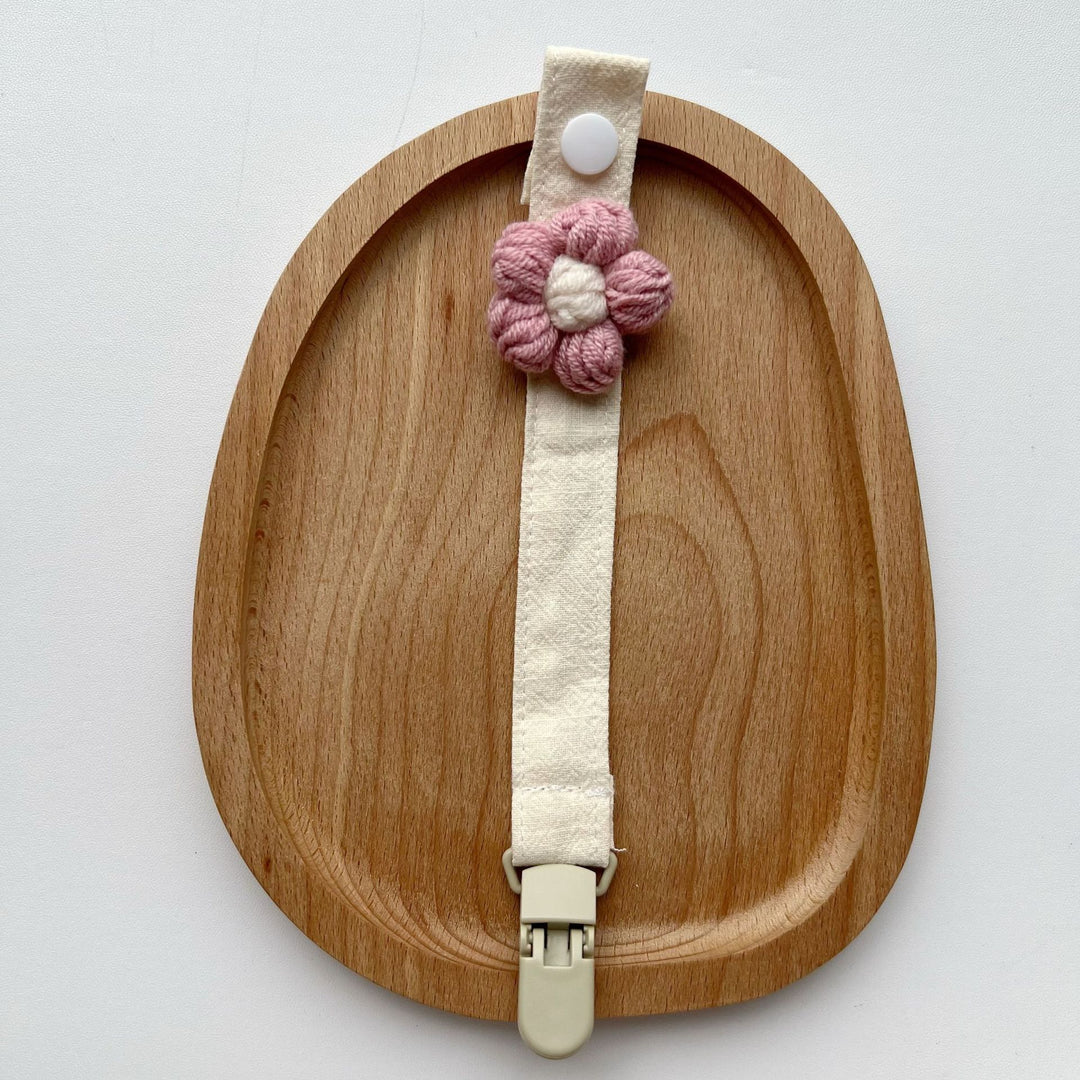 Crochet Flower Pacifier Clip with Cotton Strap