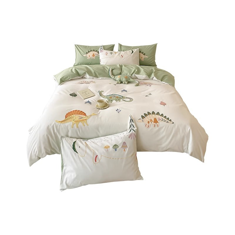Children's Embroidered Dinosaur Cotton Sateen Duvet Cover Bedding Set