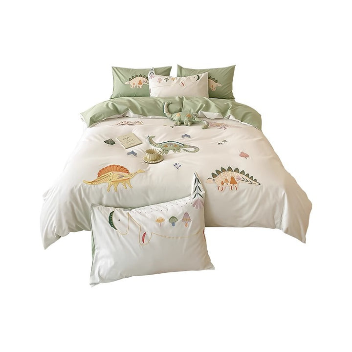 Children's Embroidered Dinosaur Cotton Sateen Duvet Cover Bedding Set