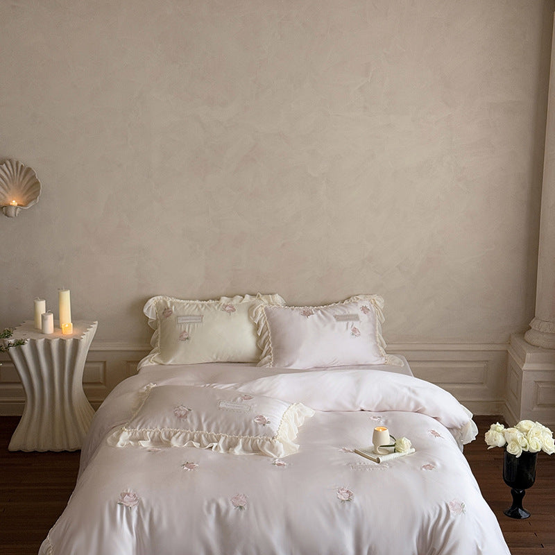 Reversible Cotton-Sateen Rose Embroidered Ruffled Duvet Cover Set with Frilled Pillow Shams and Hidden Closure