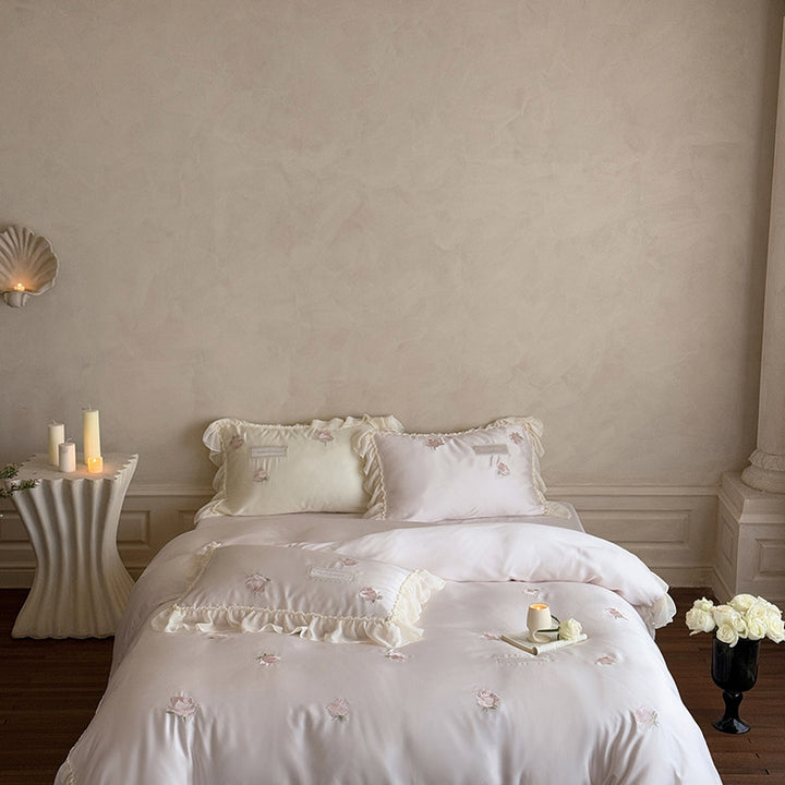 Reversible Cotton-Sateen Rose Embroidered Ruffled Duvet Cover Set with Frilled Pillow Shams and Hidden Closure