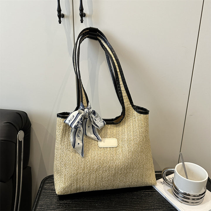 Textured Weave Tote Bag with Elegant Bow Stornfield