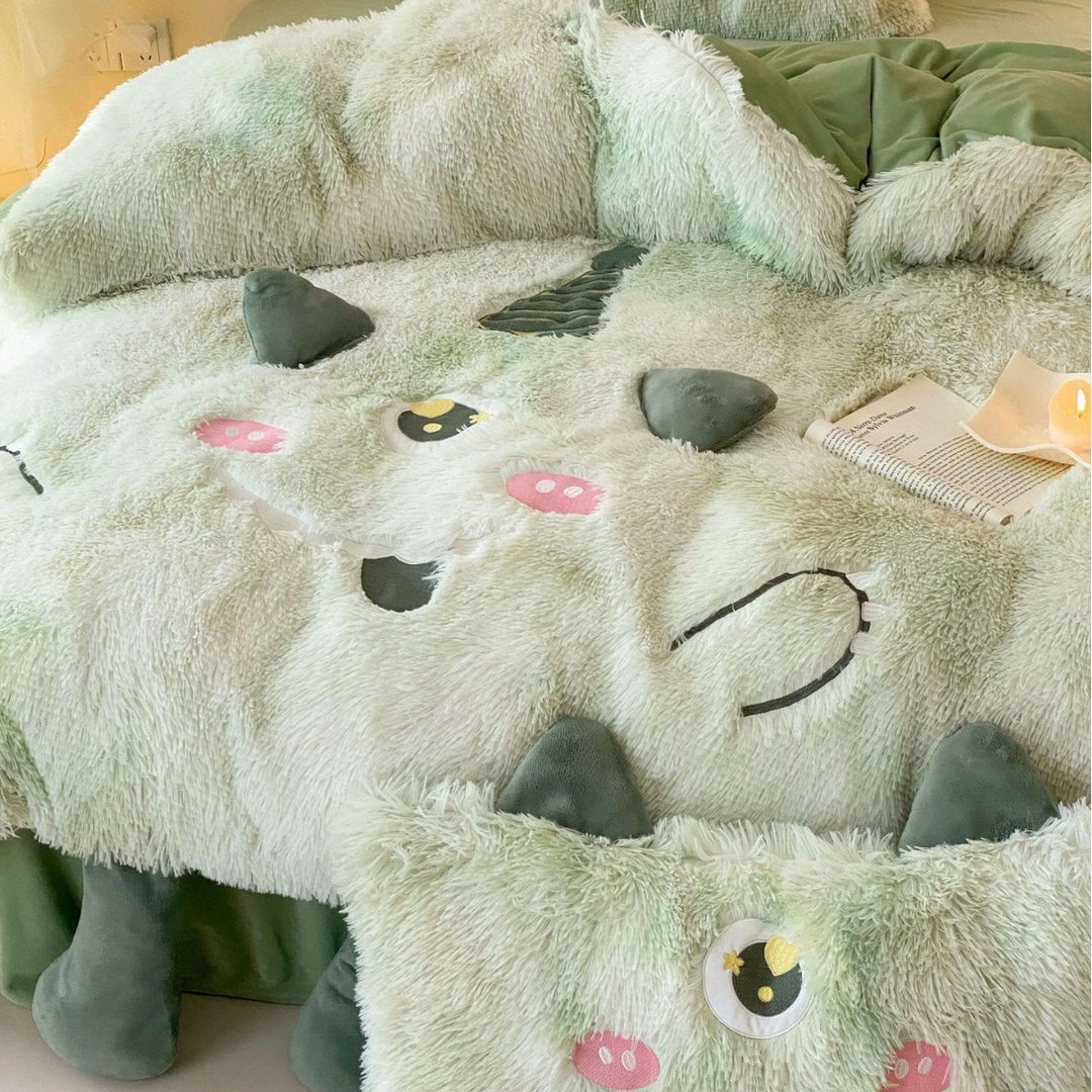 Plush bedding set with 3D monster appliqués and soft fleece