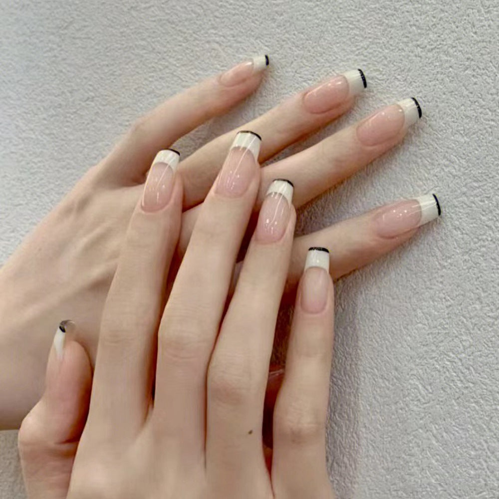French Tip Press-On Nails with Elegant Black Detailing Stornfield