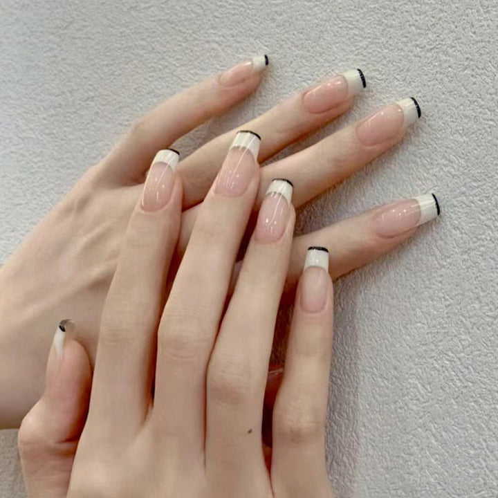 French Tip Press-On Nails with Elegant Black Detailing Stornfield