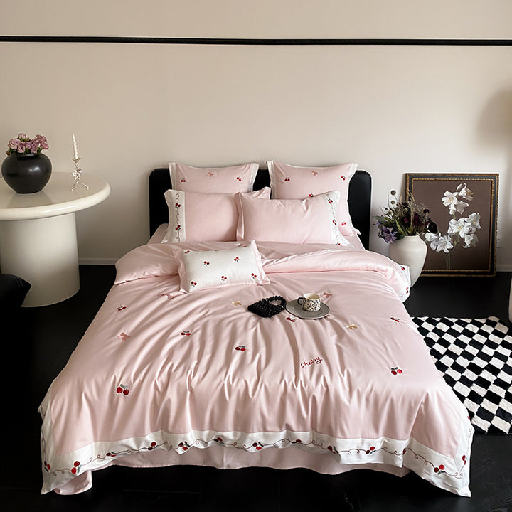 Embroidered Cherry Cotton Sateen Duvet Cover Set with Decorative Border and Pillow Shams