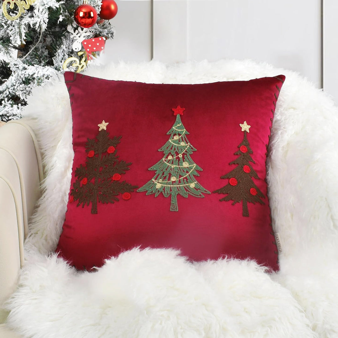 Plush Velvet Square Accent Pillow Cover with Hand-Stitched Christmas Tree Embroidery and Blanket-Stitch Edge